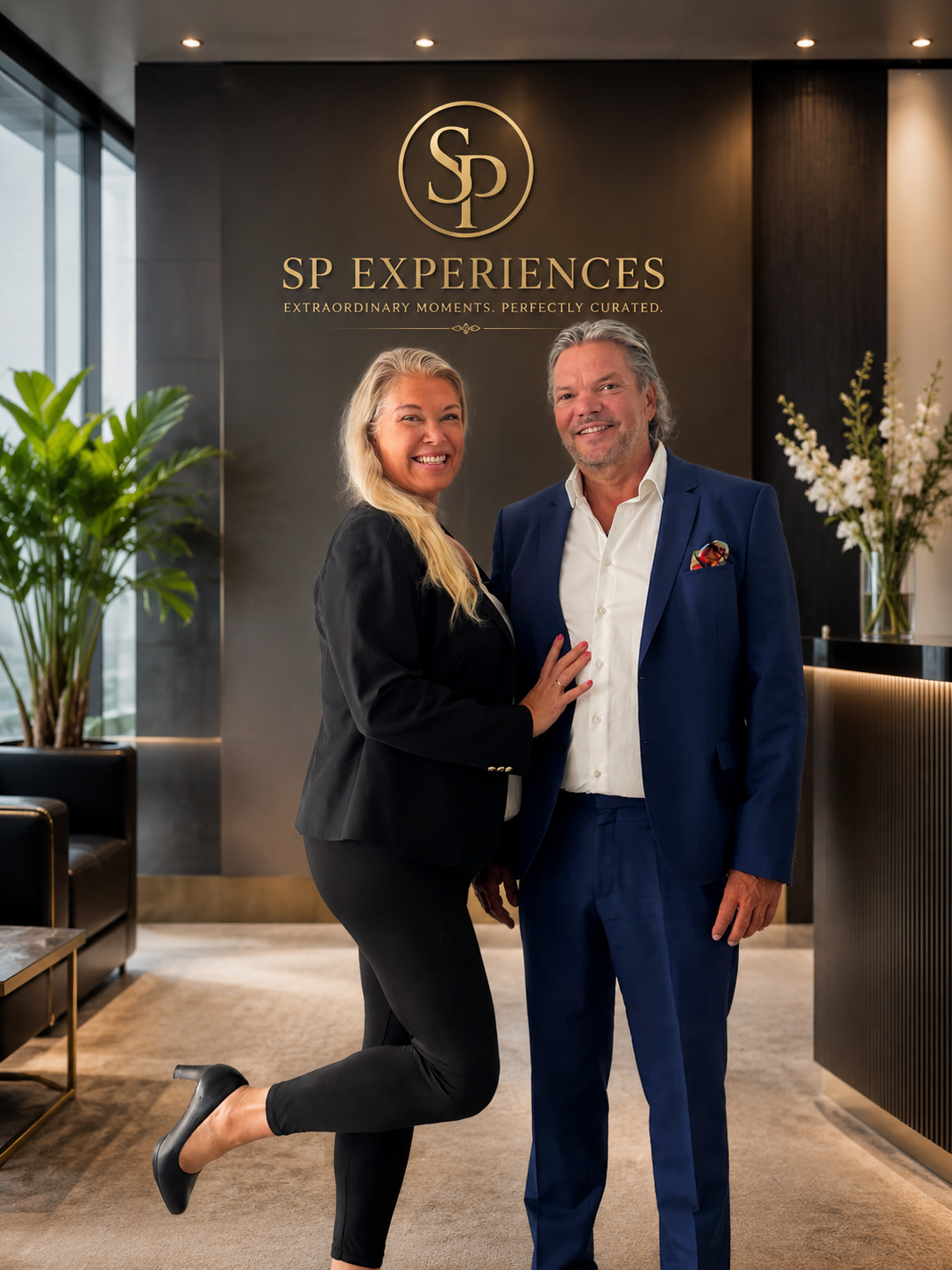 Sini Lang and Peter Johansson standing together in front of the SP Experiences logo