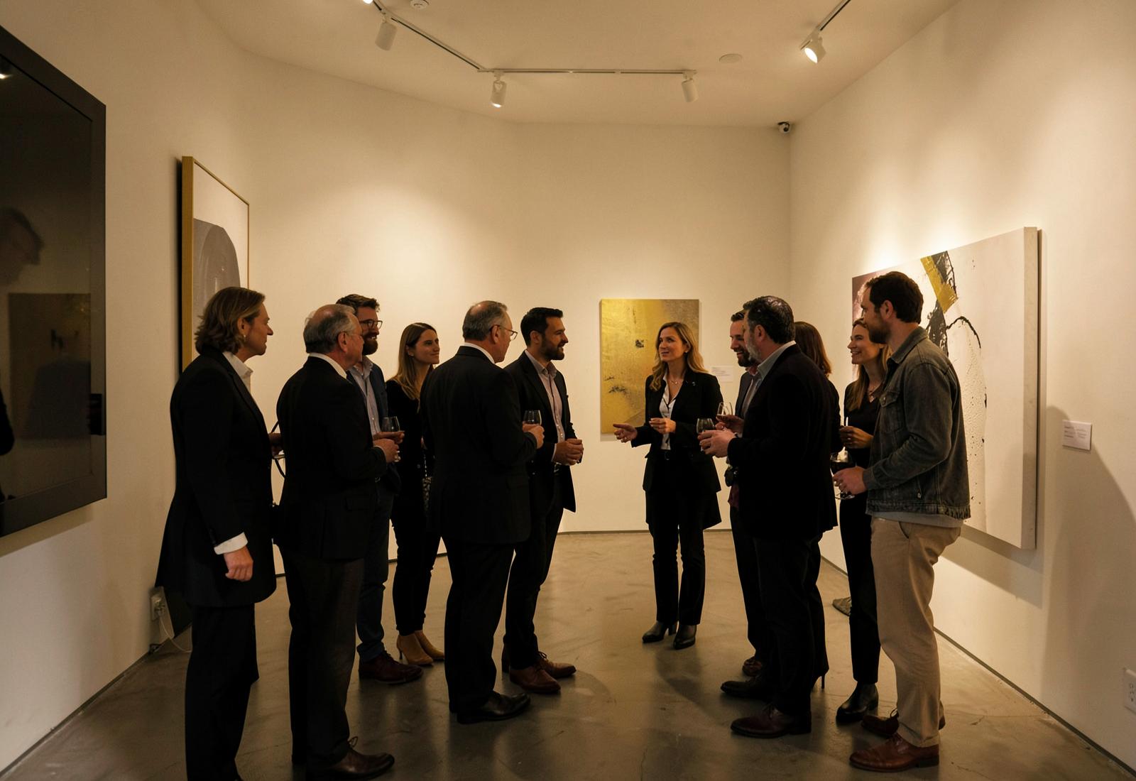 Guests exchanging ideas at a private gallery gathering