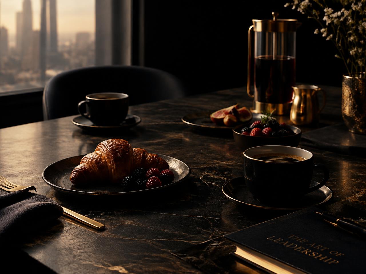 Private executive breakfast setting in warm morning light