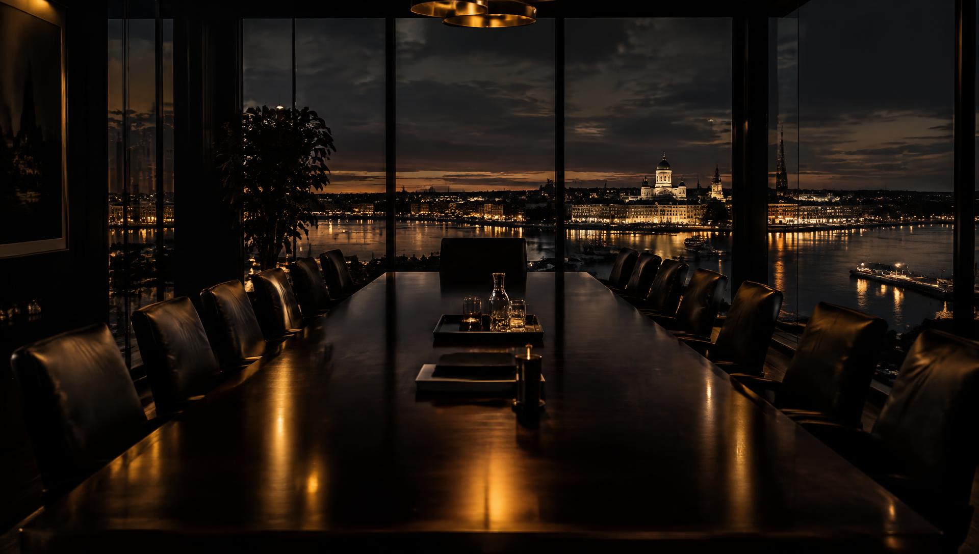 Executive boardroom at dusk overlooking the Helsinki harbour skyline