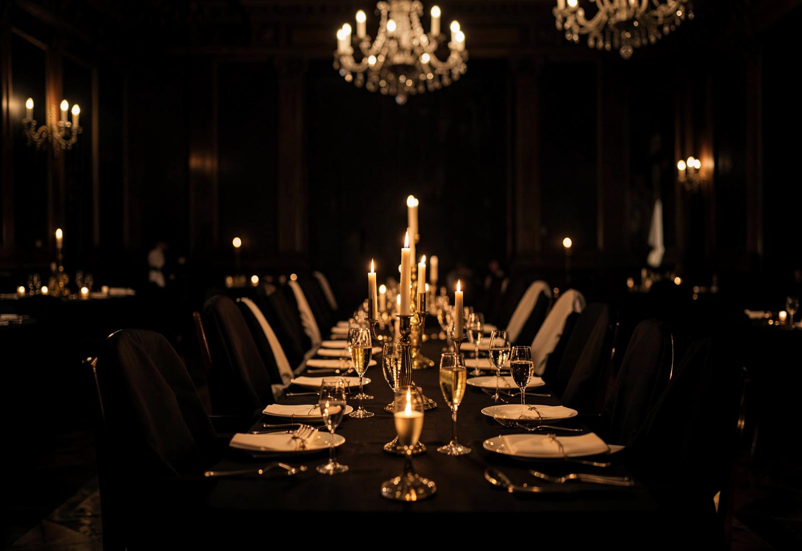 Champagne glasses on a candlelit table