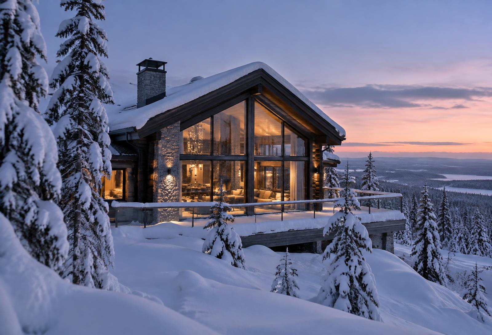 A private glass-fronted chalet in the snow at blue hour in Levi, Finnish Lapland