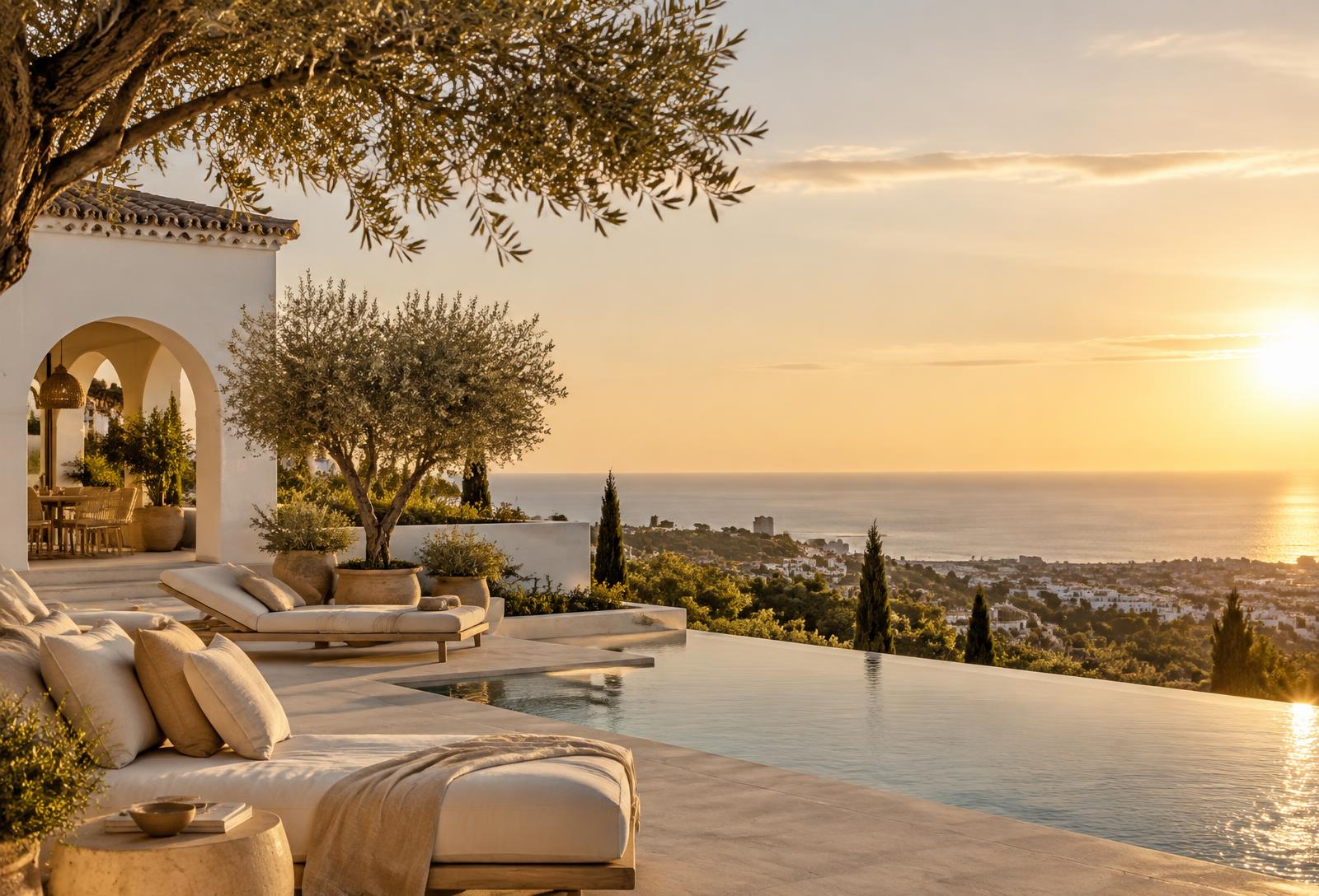 A hillside villa terrace and infinity pool overlooking the Mediterranean in Marbella