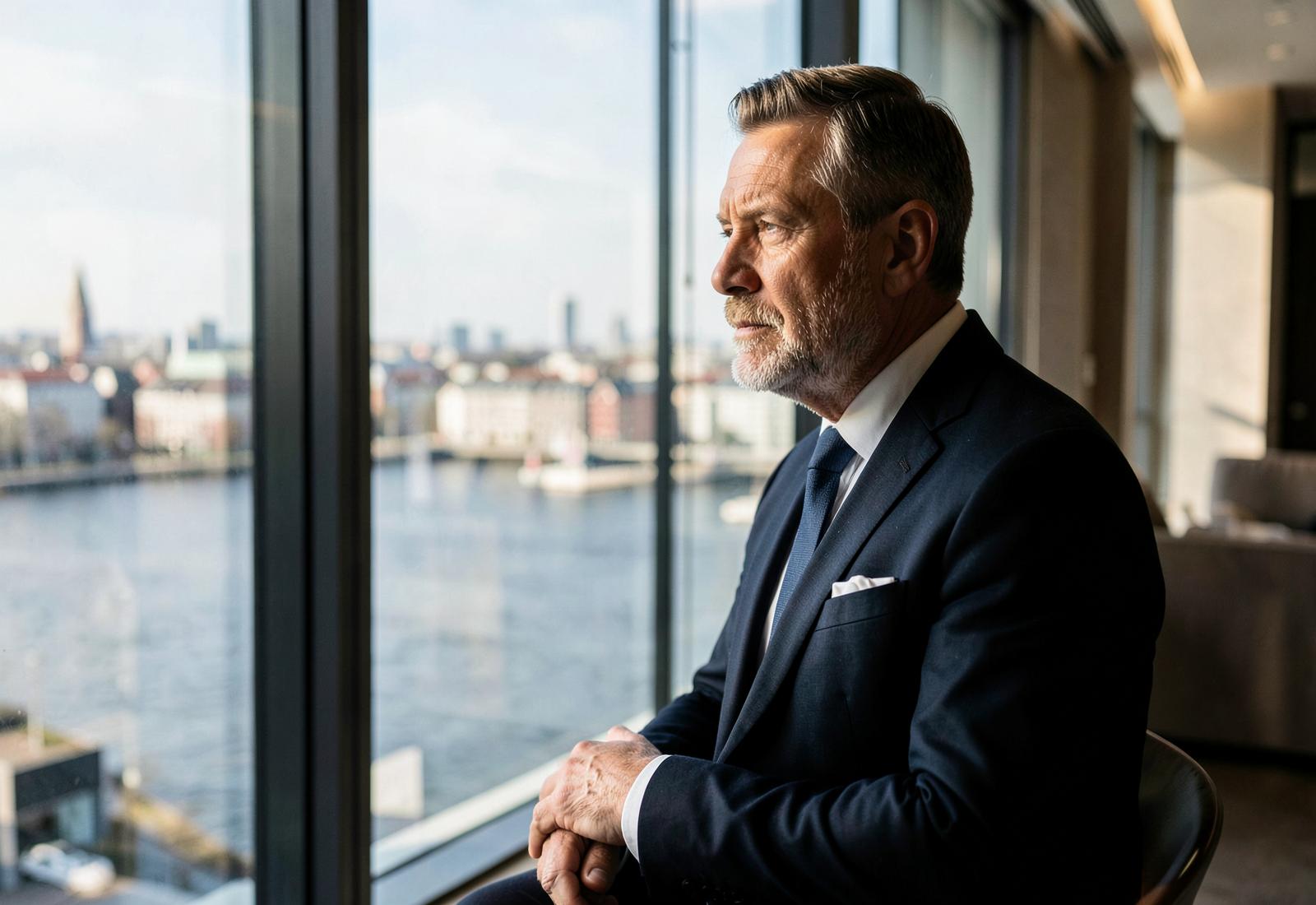 A business leader reflecting beside a city window