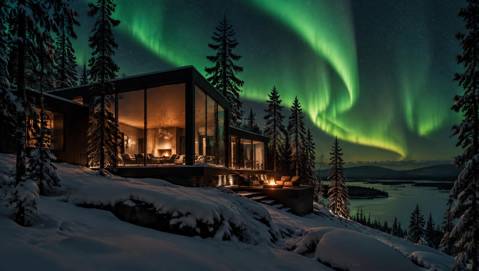 Private villa in Finnish Lapland glowing beneath the Northern Lights