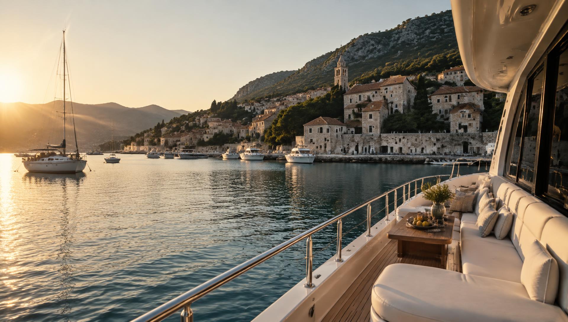 Yacht at golden hour in a Mediterranean harbour