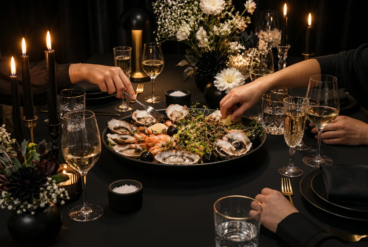 Guests sharing an elegant platter at an intimate celebration