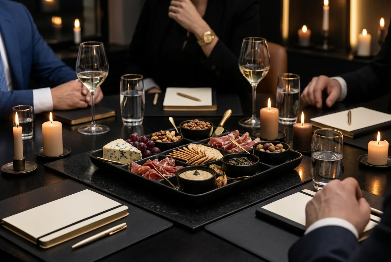 A restaurant-level platter at an executive meeting table