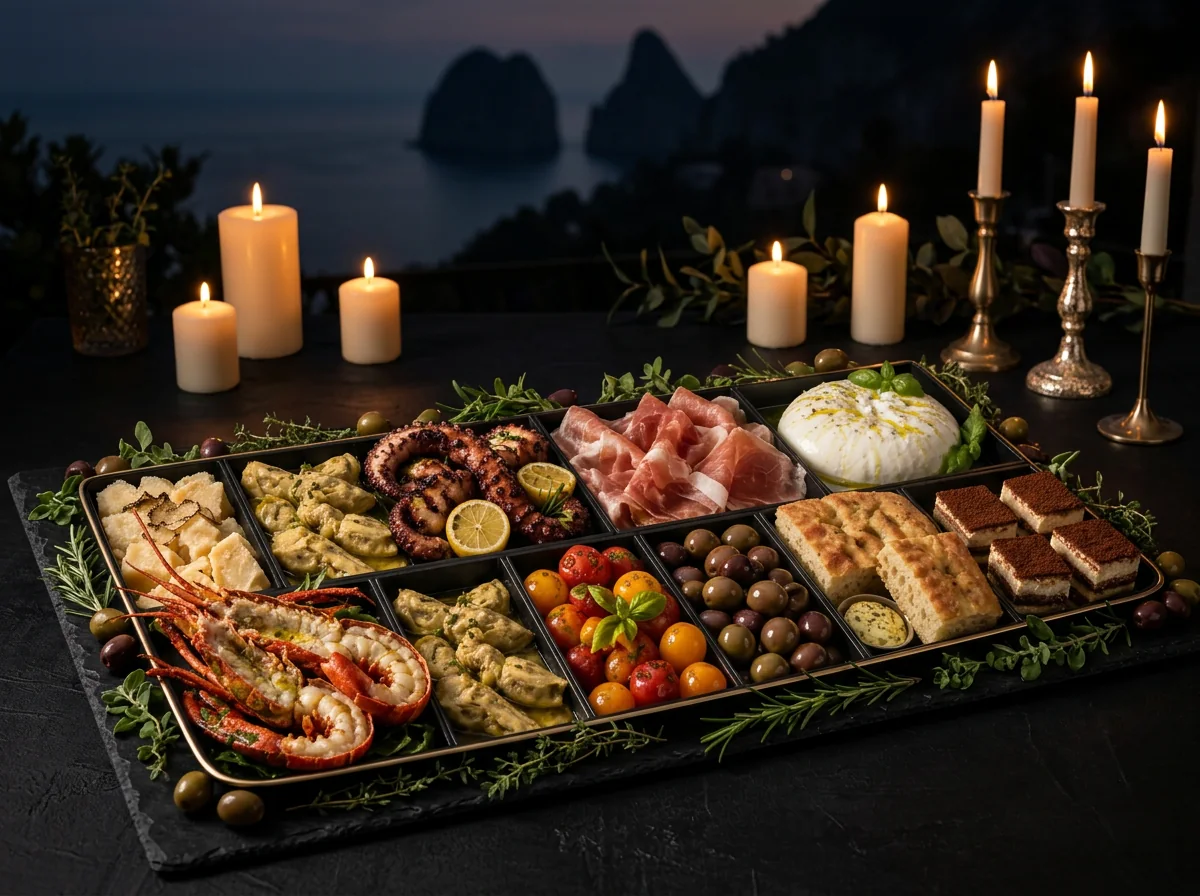 Mediterranean Grande platter in a matte-black box at sunset