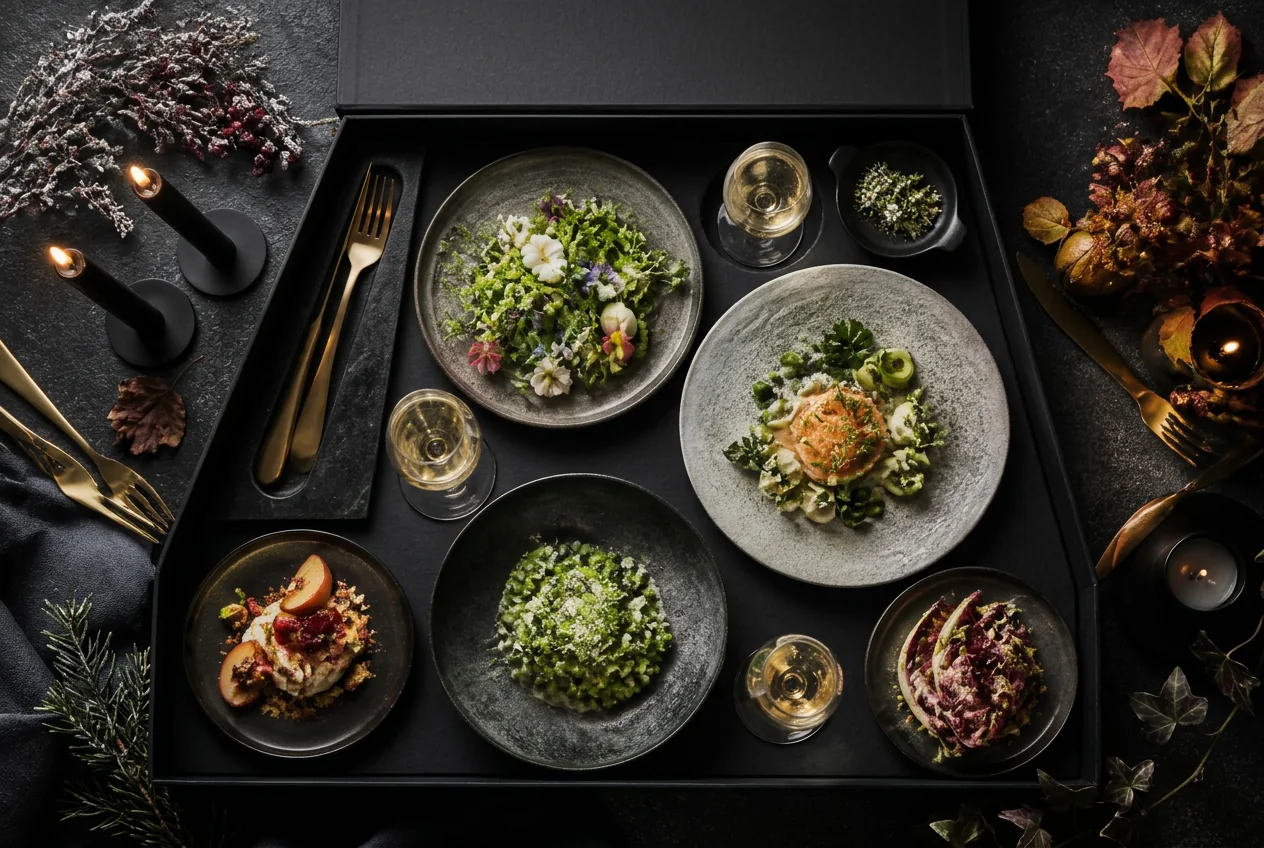 Seasonal Nordic dishes arranged on a dark table
