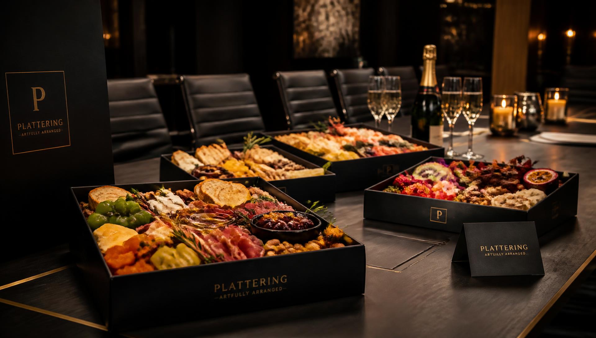 SP Experiences platters in signature black presentation boxes on a candlelit table