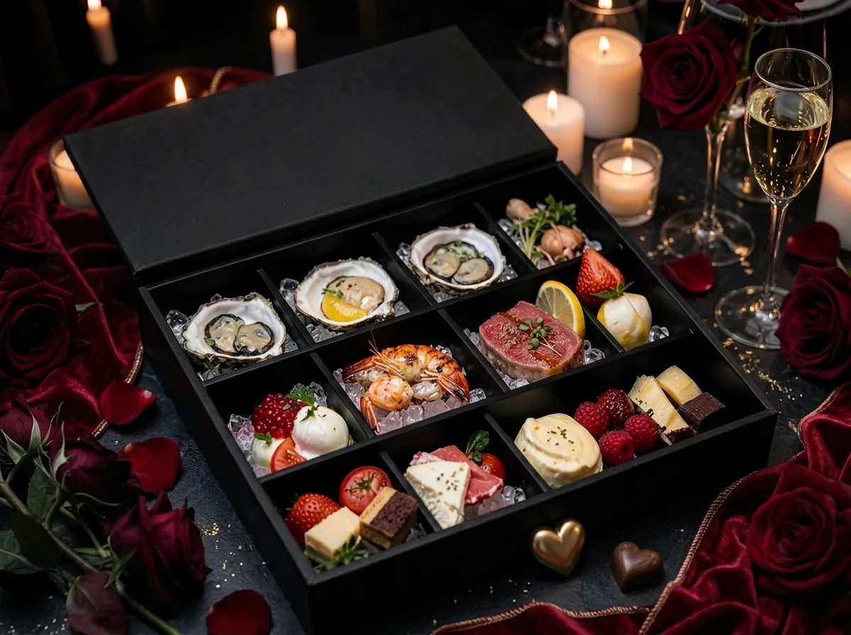 A black SP Experiences presentation box with oysters, caviar, lobster and berries by candlelight